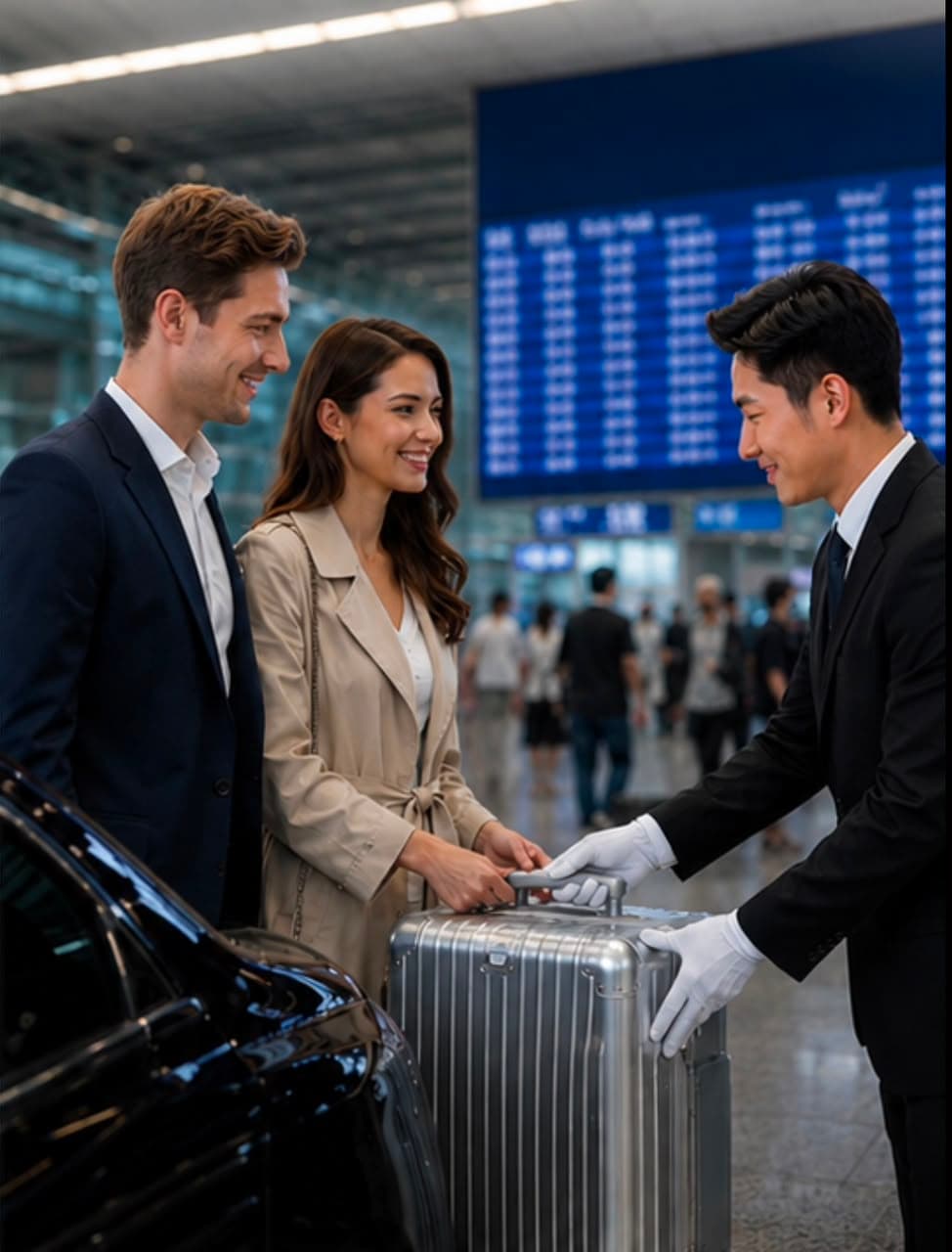 Luggage assistance beside a private transfer vehicle