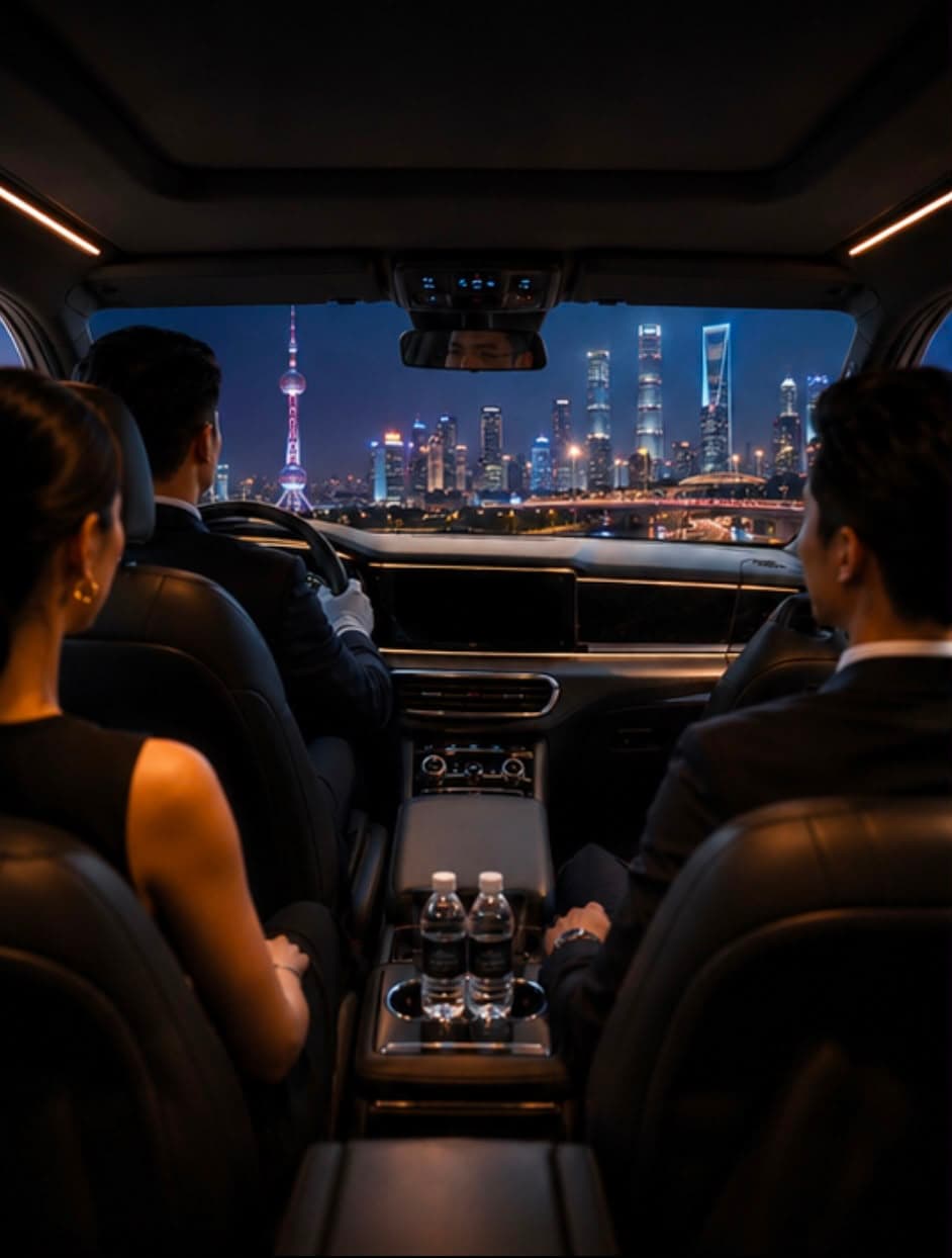 Private vehicle travelling through Shanghai at night